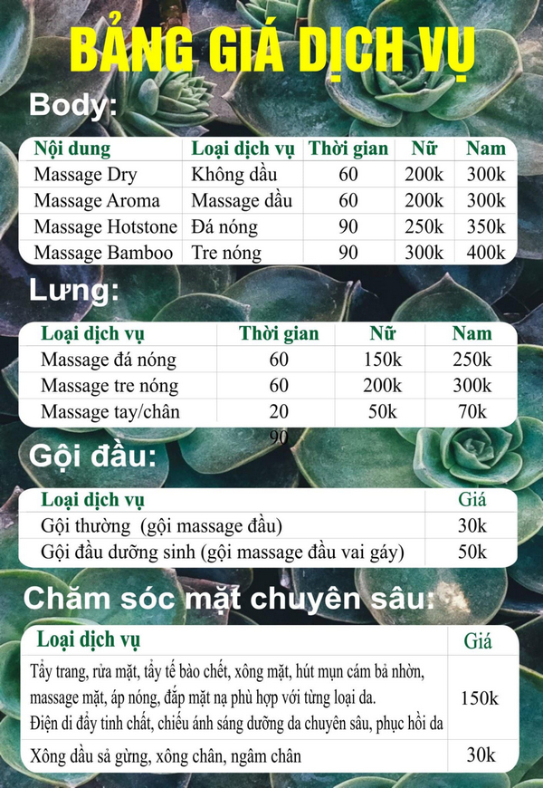 Bảng giá các dịch vụ tại Thảo An Dưỡng Sinh